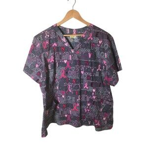 Wonder Flex Scrub Top Women's Size 2X Gray Pink Breast Cancer Awareness